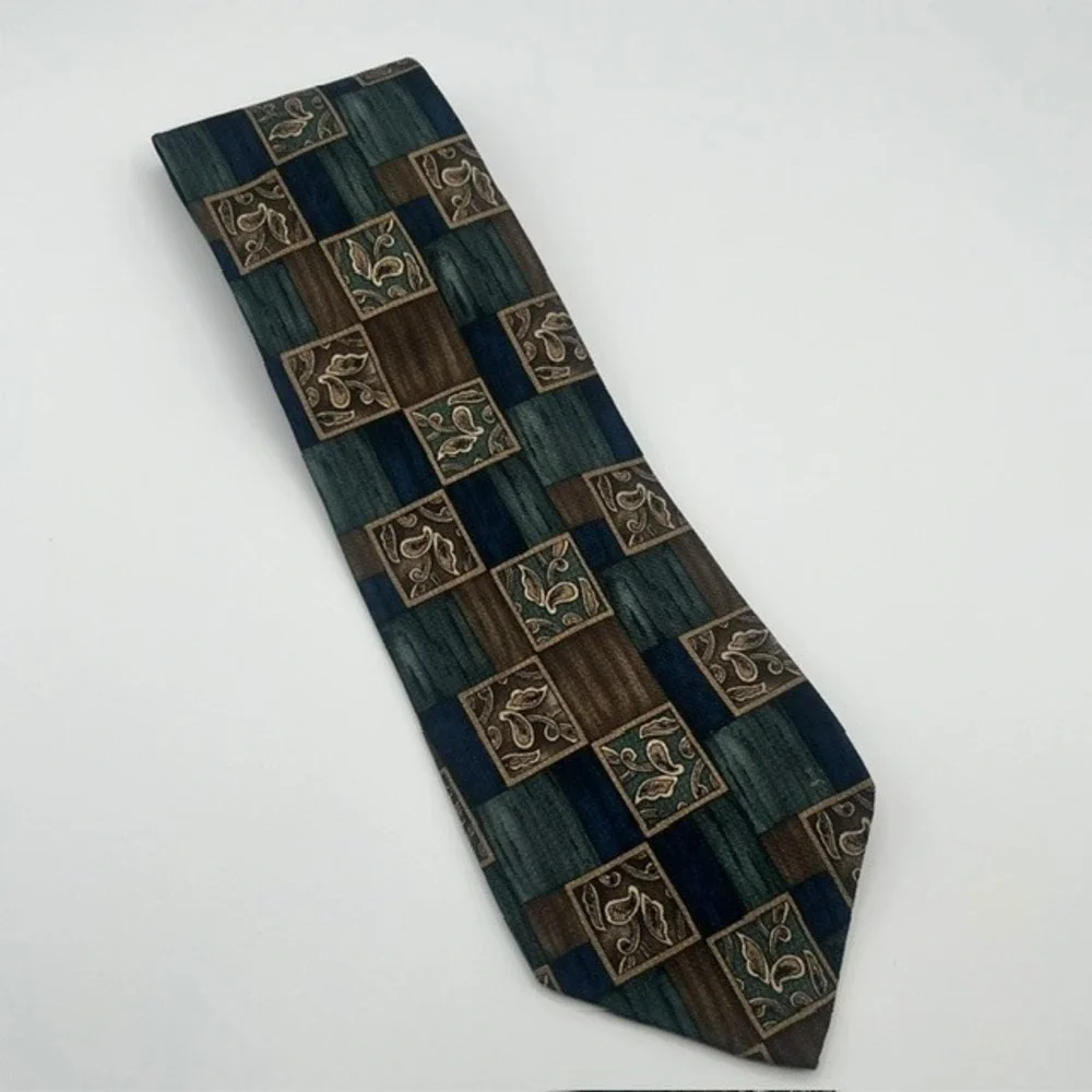 Guy Laroche Diffusion Mens Silk Tie Geometric Paisley Patchwork Blue Green Brown
